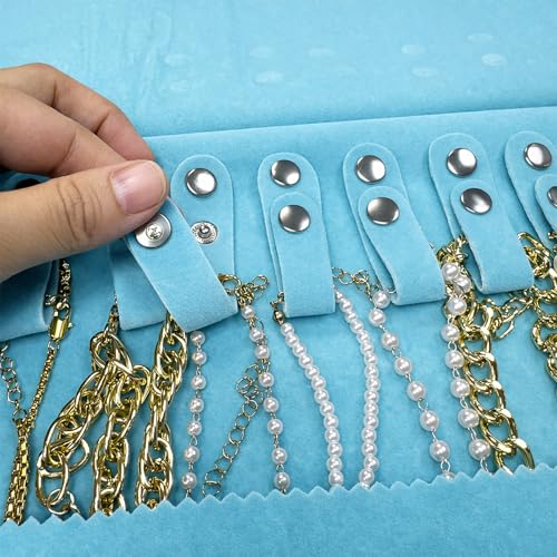 UnionPlus Velvet Travel Jewelry Roll Bag Organizer for Necklace, Elastic Band and Anti-winding, River Blue - color: River Blue, size: Medium