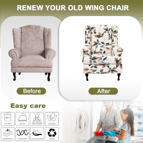 NILUOH Wingback Chair Slipcover 2-Piece Stretch Wingback Chair Sofa Slipcover Armchair Cover Printed Furniture Protector Couch Soft with Elastic Bottom for Living Room - color: Flower 1