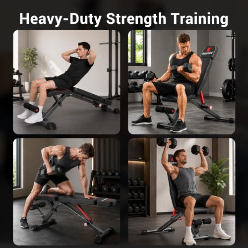 Keppi Weight Bench 900Lb, Adjustable Foldable Sturdy Bench for Home Gym | 900LB Flat capacity,11 back adjustments,fast-fold,30lb portable, PU leather, bands included,home gym & apartment