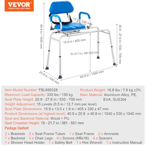 VEVOR Sliding Tub Transfer Bench with 360 Degree Swivel Seat, Sliding Shower Chair with Pivoting Armrest & Padded Seat and Safety Belt, Height Adjustable Bath Chair for Elderly Disabled, 330LBS