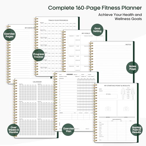 Fitness Workout Journal for Women & Men, A5(5.5" x 8.2") Workout Log Book Planner for Tracking, Progress, and Achieving Your Wellness Goals-Dark Green - color: g.Dark Green