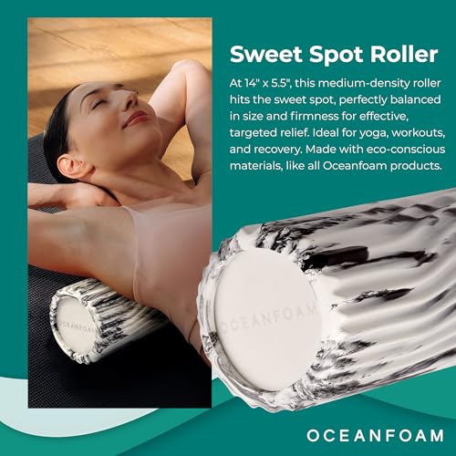 Oceanfoam Sweet Spot Medium Exercise Foam Roller 14"x5.5" – Medium Density Travel Foam Roller for Physical Therapy, Deep Tissue Massage, Yoga, Pilates, Classic Exclusive Wave Texture (Black Marbled)