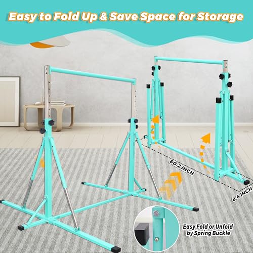 FC FUNCHEER Foldable Gymnastics Bar,5FT Horizontal bar,Adjustable Kids Training bar for Kids Ages 3-15,Kids Gymnastics bar,Triangle Stable Structure-Gym Equipment for Home - color: Teal, style: Bar-Swing-Rings