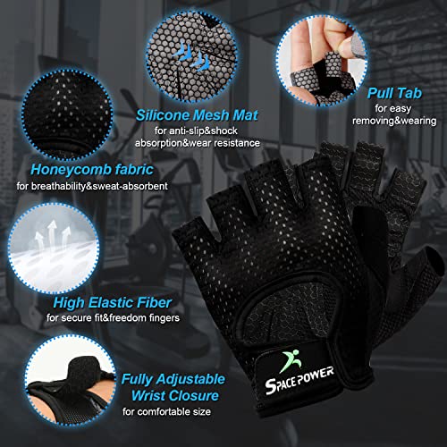 spacepower Workout Gloves - Lightweight Breathable Gym Gloves for Women & Men's Exercise - color: Black, size: Medium