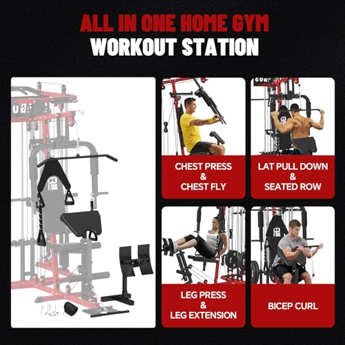 All in One Home Gym System Workout Station, Multi-Function Smithe Machine Power Cage with Cable Crossover System, Tripe-Sided Independent Load Posts, Functional Trainer for Full Body Training - color: Red, style: Home Gym Station