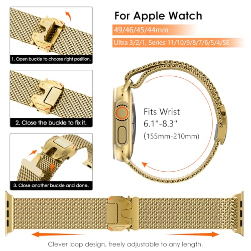 WINGLE Milanese Loop for Apple Watch Band Ultra 3/2/1 Band Ultra 49mm Series 11 10 46mm 45mm 44mm SE 3/2/1 Series 9 8 7 6 5 4 3 Men Women,Parachute-Style Buckle Stainless Steel Mesh Metal iWatch Bands - color: Gold
