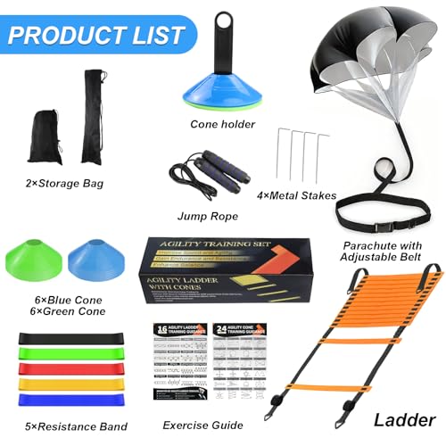 Speed Agility Training Equipment Set, Agility Ladder 20ft, 12 Football Cones, Resistance Parachute/Soccer Kick Trainer, Jump Rope, 5 Resistance Bands, Football Practice Equipment for Kids Adults - color: Orange Ladder Set