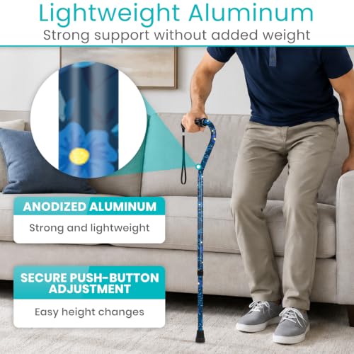 Vive Walking Cane for Women, Men, Elderly - Patented Offset Grip - Lightweight Adjustable Walking Aid with a Non-Slip Tip - Sturdy Balancing Mobility Aid for Seniors - color: Blue Floral