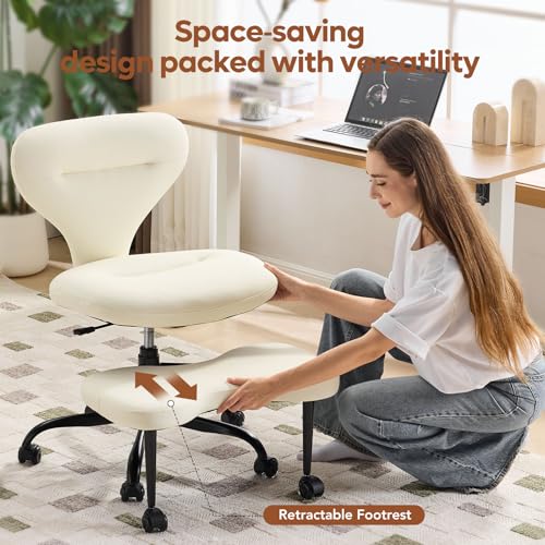YFO Ergonomic Cross Legged Office Chair and ADHD Meditation Chair with Silent Wheels for Home Office Desk Chair and Yoga, Wider Backrest Support and Storage Pockets Design, PU Leather, Cream - color: Pu-cream