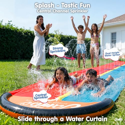 JAMBO Premium 24Ft Budget Slip Splash and Slide, Heavy Duty Water Slide with Advanced Sprinkler System, Backyard Waterslide, Splash Mat, Outdoor Water Toys n Slides for Kids - color: 24' Multicolor