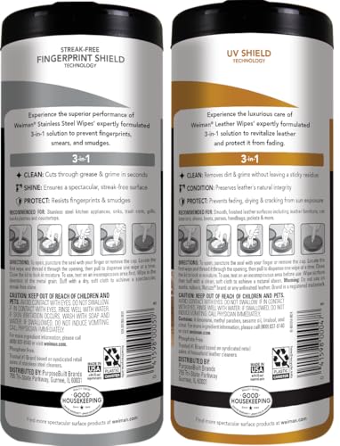 Weiman Stainless Steel Wipes and Leather Wipes - Clean and Polish Appliances for a Brighter and Longer Shine - Clean, Condition and Restore Leather Surfaces - Packaging May Vary
