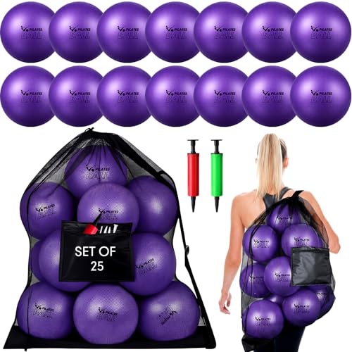 Set of 25 Pilates Balls Bulk 9 Inch Small Exercise Ball for Yoga, Stability, Physical Therapy, Balance, Barre, ABS Core, Gym, Training, with Mesh Bag and Pump - color: Purple