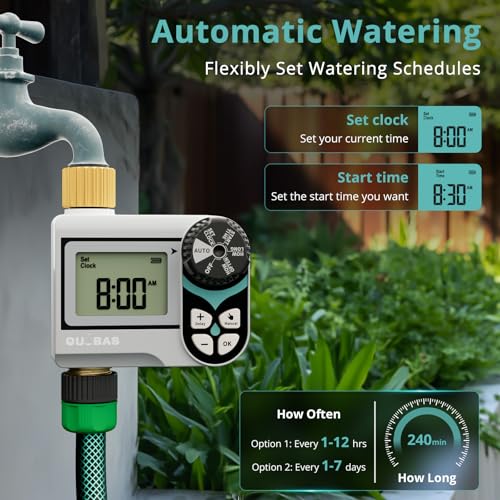 QUOBAS Zero Pressure Water Timer, Sprinkler Timer for Garden Hose Faucet | Brass Programmable Hose Timer, Rain Delay/Manual/Automatic Irrigation System, Low Pressure Watering Compatible Rain Barrel - size: Interval Program 1 Zone