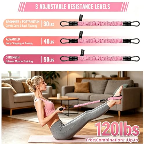 Pedal Resistance Band with Handle, 3-Level 30/40/50 Lbs Exercise Band Set with Foot Straps & Storage Bag, Portable Home Gym Equipment for Yoga Strength Training Full Body Workout - color: pink