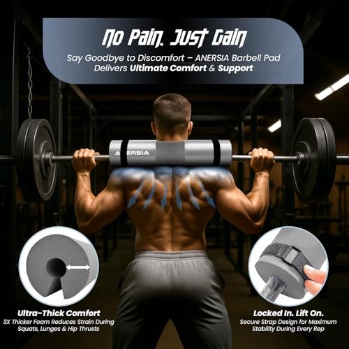 Barbell Pad for Squats & Hip Thrusts – 1.2” Extra-Thick High-Density Foam – Non-Slip Neck & Shoulder Support Cushion – Fits Olympic & Standard Bars – Quick On/Off Design + 2 Securing Straps - color: Grey