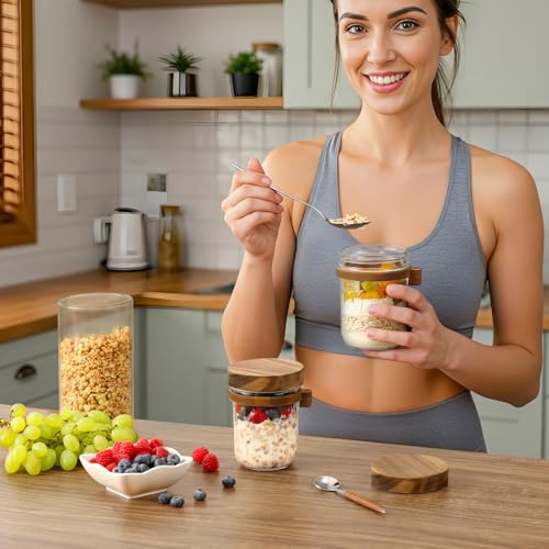 4 Pack Overnight Oats Containers with Wooden Lids and Spoons, 16oz Glass Mason Overnight Oats Jars with Lids, Large Capacity Airtight Jars for Milk, Cereal, Fruit