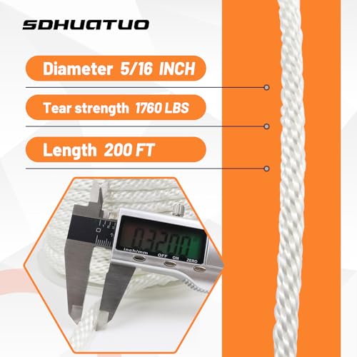 SDHUATUO 5/16 Inch Nylon Solid Braided Rope, 200FT Polyester Cord White | 1760 lbs, UV Resistant & Wearproof, Soft Flexible Rope for Swings, Camping Tent, Flagpole, Outdoor Twine, Dog Leashes - color: White, size: 5/16''-200ft