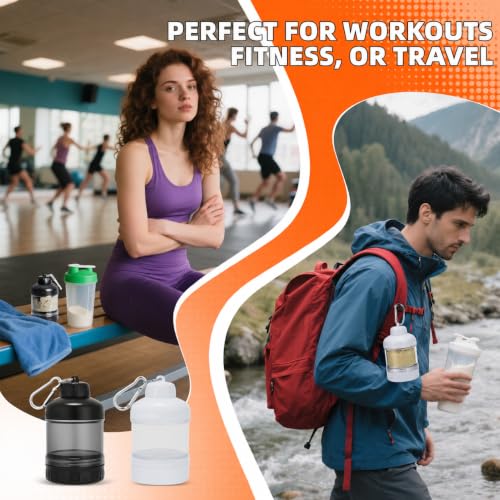 2 Pack Protein Powder Container to Go with Keychain & Keyring, Large Capacity, Clear, Leakproof, Ideal for workouts, fitness, or travel - color: Black&White