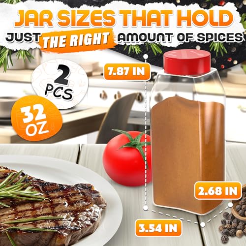 2 Pcs 32 oz Large Seasoning Shaker Set – Clear Spice Containers with Dual Flip-Top Red Lids and Airtight Seal – Food-Grade Plastic, Wide Mouth for BBQ Rubs, Bulk Spices, Loose Leaf Tea & Craft Storage