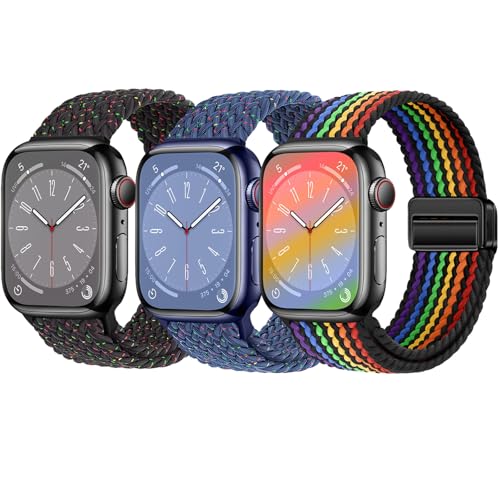 3 Pack Braided Sport Loop Band Compatible with Apple Watch Bands Ultra 3&2 1 49mm 46mm 45mm 44mm 42mm 41mm 40mm 38mm Men Women; Stretchy Nylon Solo Loop Strap for iWatch Series 11 10 9 8 7 6 SE 5 4 3 - color: Starlight Black/Starlight Blue/Z Black Rainbow