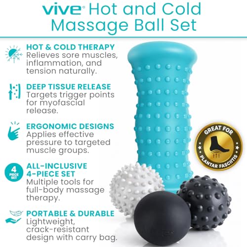 Vive Massage Ball Set (4 Piece) - Plantar Fasciitis Relief Foot Pain Hot Cold Therapy - Heel Spur, Sore Muscle, Trigger Point, Back, Arm, Neck, Shoulder, Leg Circulation Roller