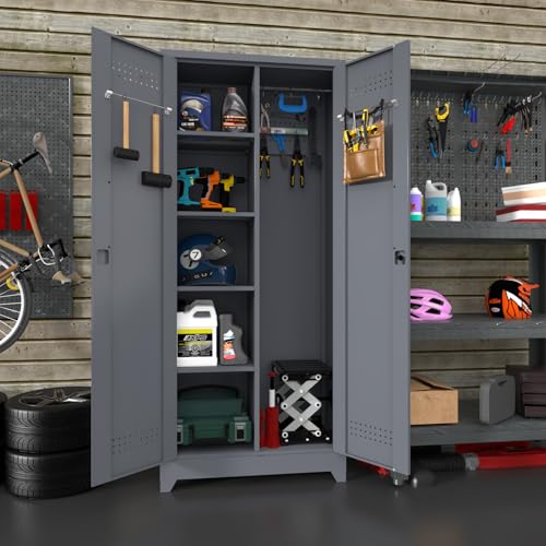 IRONFFICE Metal Garage Storage Cabinets,Metal Broom Closet Storage Cabinet,Utility Cabinets for Brooms and Mops,Steel Tall Cabinet with Shelves for Laundry Room,Bathroom,Home,Grey - size: 72"H x 31.5"W x 15.74"D-Grey