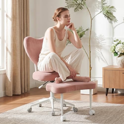 Cross Legged Office Chair with Wheels, 360 Swivel Height-Adjustable Meditation Chair with Lumbar Support, Pink - color: Pink, size: Heart Back with Rectangular Cushion