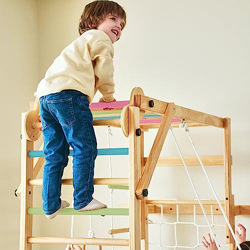 Avenlur Grove 8-in-1 Indoor Jungle Gym with Gymnastic Rings, Climbing Rope, Swing, Slide, Monkey Bars, Rope Wall Net, and Wooden and Rope Ladder - Jungle Play Set for Kids Ages 2-11 Years Old - color: Colored Bars