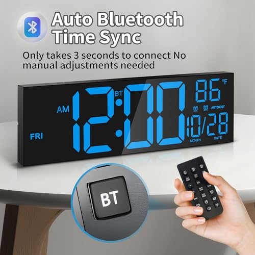 16.5" Digital Wall Clock with Bluetooth Auto-Sync, Large LED Display, Smart Auto Dimming, DST, Remote Control, Night Light, Date & Temperature for Living Room,Black - color: Balck-blue