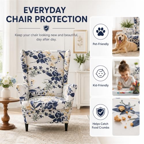 NILUOH Wingback Chair Slipcover, 2-Piece Stretch Wing Chair Cover, Washable Soft Fit Slipcover for Wingback Armchairs, Non-Slip Furniture Protector for Living Room, Flower Field - color: 12