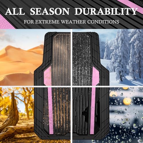 CAR PASS Heavy Duty Rubber Car Mats Metallic, Aluminum Film Cute All Weather Floor Mats Waterproof Universal Trim to Fit for SUV Sedan Van 4 Piece Deep Dish Two-Tone Sporty Black Light Pink Chrome - color: Black Light Pink