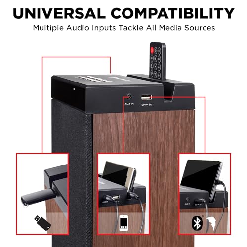 GOgroove Bluetooth Tower Speaker with Subwoofer Built in - Floorstanding Home Speaker with Powerful Bass and Dual Drivers, 120W Peak Power, MP3 3.5mm Aux, USB 2.0 Port Flash Drive, FM Radio (Walnut) - color: Brown