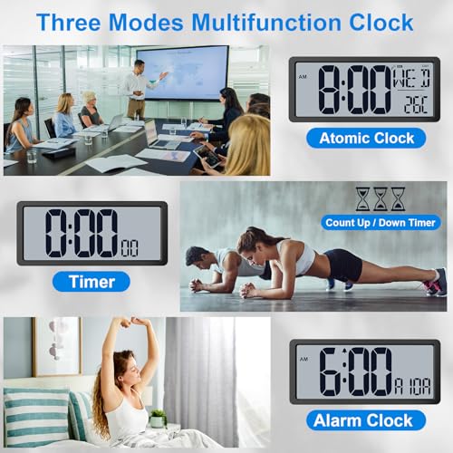 Backlight Digital Wall Clock Battery Operated with Bluetooth Time Sync/No Setup Required, 15'' Large Digital Wall Clock with Day, Date & Temperature, Large Digital Clock for Bedroom, Office - color: Black