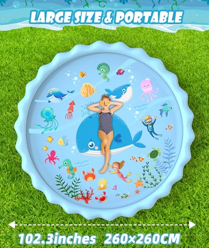 EPN Splash Pad for Kids, 102.3" Extra Large Sprinkler Play Mat, Thick PVC Water Splash Pad for Toddlers & Kids Ages 4-8, Outdoor Backyard Summer Water Toy for Lawn and Beach Play - style: 102.3"