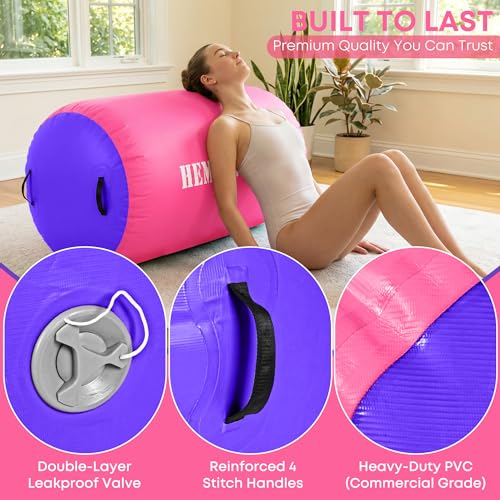 Inflatable Gymnastics Air Barrel Roller with Electric Pump, Heavy Duty PVC Tumbling Barrel Back Handspring Trainer, Air Tumble Track Mat for Home Gym, Cheerleading, Yoga Practice - color: Pink & Purple, size: 3.3'L x 2.6'D