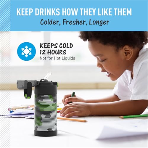 THERMOS FUNTAINER Water Bottle with Straw, 12oz, Inline Camo | Kids Stainless Steel Insulated Water Bottle, Keeps Drinks Cold Longer for School & Play, BPA-Free - color: Inline Camo, size: 12 Ounces