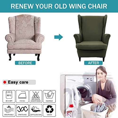 NILUOH Wingback Chair Cover 2-Piece Soft Stretch Wing Chair Slipcover Solid Color Armchair Sofa Couch Cover Furniture Protector with Elastic Bottom for Living Room Bedroom (Gray-Green) - color: Gray-green