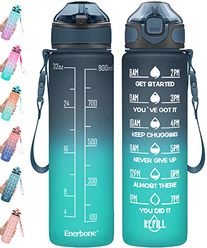 Enerbone 32 oz Drinking Water Bottle with Times to Drink and Straw, Motivational with Carrying Strap, Leakproof BPA & Toxic Free, Ensure You Drink Enough Water for Fitness Gym Outdoor - color: Navy Blue Green