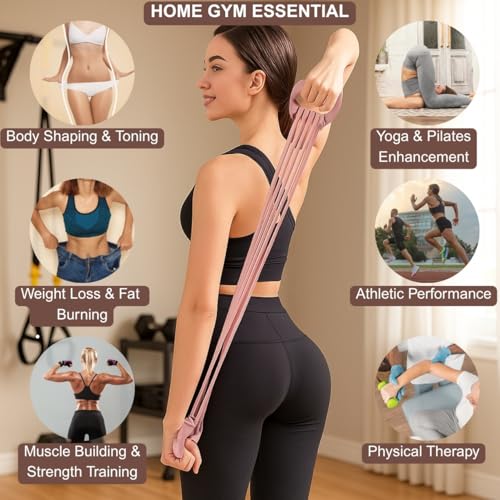Resistance Bands with Handles for Women & Men | 8 Tube Adjustable Figure 8 Exercise Bands Set, Heavy Duty, Home Gym, Physical Therapy, Strength Training & Full Body Fitness - color: Pink