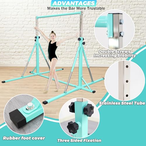 FC FUNCHEER Foldable Gymnastics Bar,5FT Horizontal bar,Adjustable Kids Training bar for Kids Ages 3-15,Kids Gymnastics bar,Triangle Stable Structure-Gym Equipment for Home - color: Teal, style: Bar-Swing-Rings