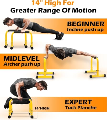 TABEKE Push Up Bar, 14'' High Steel Parallettes & Dip Bar with Full Coverage Foam Handle, Heavy-Duty Calisthenics Parallel Bars for L-Sit, Dips, Home Gym Strength Training Workout - color: Yellow