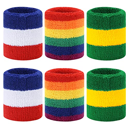 BEACE Sweatbands Sports Wristband for Men & Women - Moisture Wicking Athletic Cotton Terry Cloth Sweatband for Tennis, Basketball, Running, Gym, Working Out - color: Red Whi Blu/Rainbow/GR YE GR