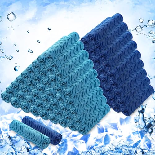 Hosuly 100 Pack Cooling Towels, 40"x12" Cooling Towels for Neck and Face Breathable Soft Chilly Sweat Rag Microfiber Sport Rags for Gym Yoga Golf Running - color: Dark Blue and Light Blue