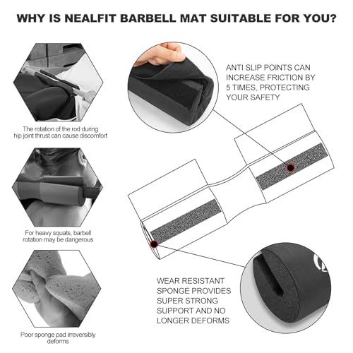 NEALFIT Barbell Squat Pad with Thick Nylon Padding, Hip Thrust Pad for Squats, Lunges, Neck Shoulder Squat Pad for Olympic or Standard Bars - color: Black