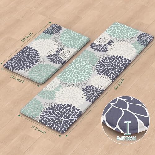 Anti Fatigue Kitchen Mats,Non Slip Boho Dahlia Kitchen Rugs Sets 2 Piece,Waterproof Farmhouse Kitchen Mat for Floor,Cushioned Standing Mat for Office,Laundry,Sink,Desk,Mutil-Cyan - color: Bluish Blue, size: 17.3" x 59 "+ 17.3" x 29 "--0.47 inches