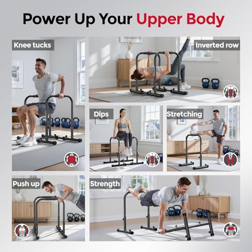 Sportsroyals Adjustable Dip Bar Station, Heavy Duty Parallette & Parallel Bars, 400LBS Stable Dip Stands for Home Gym, Calisthenics & Upper Body Workout Equipment - color: red