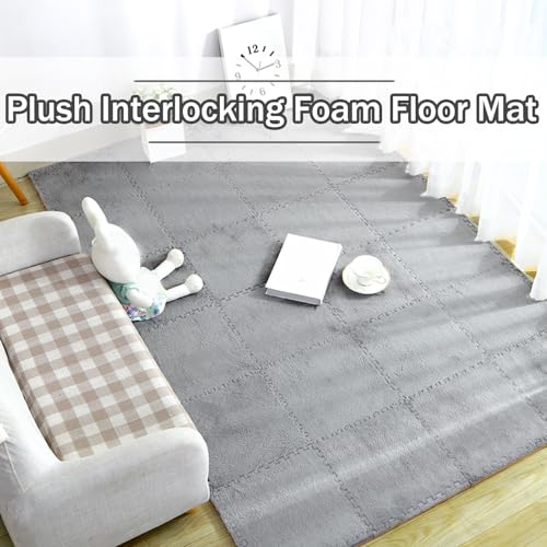 Thickened Soft Plush Foam Interlocking Floor Carpet Mat, 24 Pcs 12x12x0.4 Inch Fluffy Square Puzzle Foam Carpet Tiles with Edgings(Color:Light Blue) - color: Light Blue
