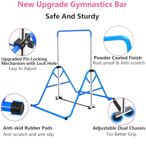 Gymnastics Horizontal Bar, Junior Training Kip Bar Gymnastics Equipment for Home, Adjustable Telescopic Height Folding Horizontal Bar with Gymnastic Rings for 3-12 Years Old Kids - color: Blue