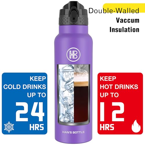 Han's Bottle Sports Water Bottle - 24 Oz, Straw Lid, Leak Proof, Vacuum Insulated Stainless Steel, Double Walled, Thermo Mug,Purple - color: Purple, size: 24 Ounces