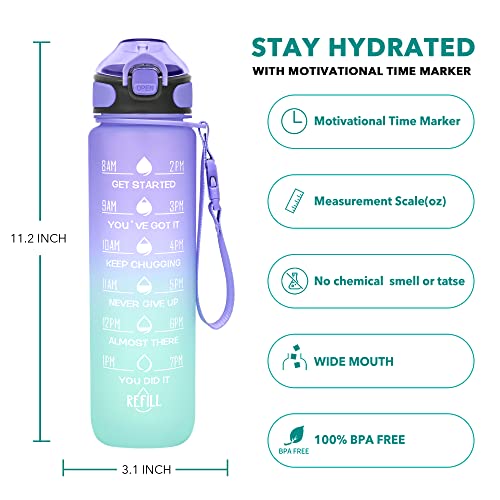 Enerbone 32 oz Drinking Water Bottle with Times to Drink and Straw, Motivational with Carrying Strap, Leakproof BPA & Toxic Free, Ensure You Drink Enough Water for Fitness Gym Outdoor - color: Light Purple Green